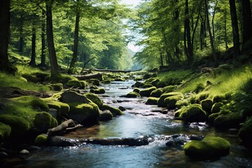 Obraz premium Spring background Stream of water in the forest