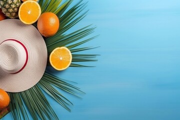 Beautiful summer composition. Tropical palm leaves, hat, fruit on a blue background. Summer...