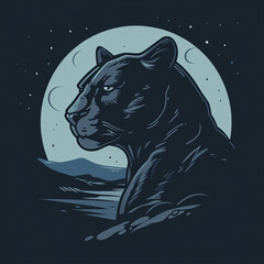 Flat illustration of a logo featuring a stealthy panther in the moonlight 