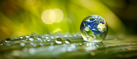 Reflecting on Sustainability: A Vivid Macro Shot of a Glass Globe Surrounded by Nature and Water Droplets