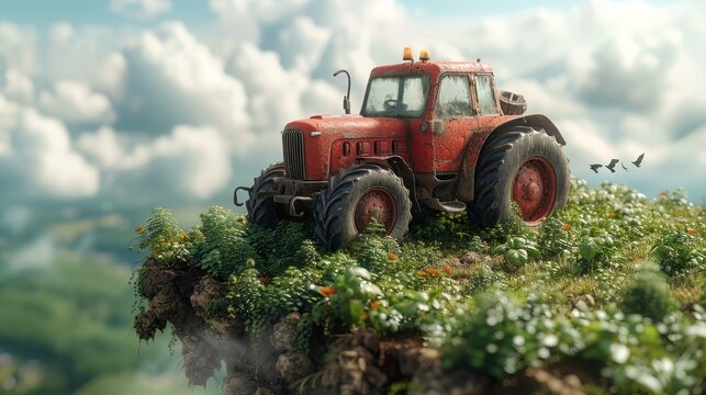 This digital farming concept 3d design depicts a tractor on a floating piece of land with flowers and crops. A farm rural is an island with clouds and birds.