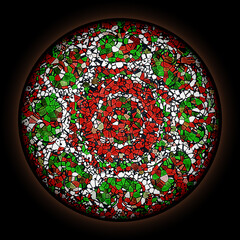 Colorful pattern in style of Gothic stained glass window with round frame. Abstract floral ornament. - 735959861