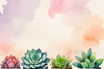 Watercolor flower plants succulents and pots with echeveria. Illustration on a delicate pink watercolor background. A place for the text. A place to copy