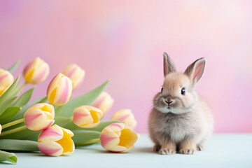 Naklejka na ściany i meble Small baby bunny with Tulip spring flowers on pastel pink studio background
