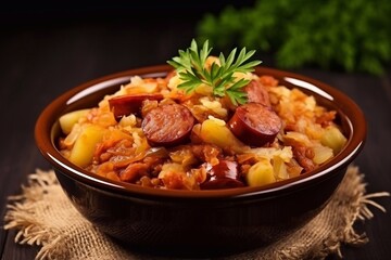 
Traditional homemade sauerkraut stew with smoked sausages