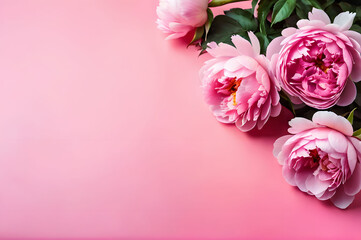Floral background beautiful pink peonies on a pink background with a place to copy. A layout for holiday greetings. Valentine's Day, Mother's Day, Birthday
