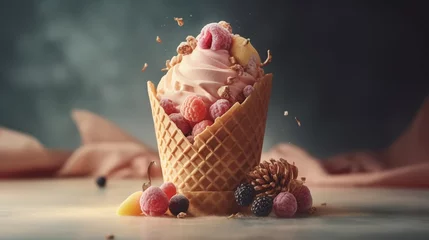 Foto auf Alu-Dibond colored ice cream in waffle cones close-up © Spyrydon
