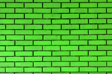Green horizontal brick wall. Old textured surface background or cover element. Web banner.