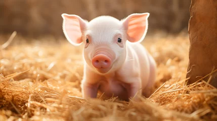 Fotobehang Young piglet on hay and straw at pig breeding farm. © Creative
