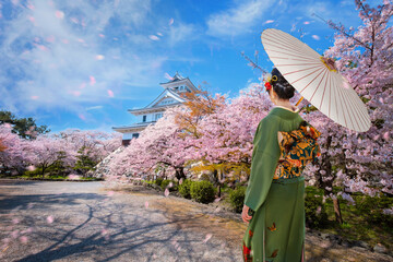 Young Japanese woman in Traditional Kimono Dress at Nagahama Castle in Shiga Prefecture during full...