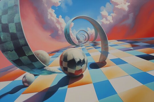 Surreal Checkerboard Landscape With Reflective Spheres and Spiraling Structures