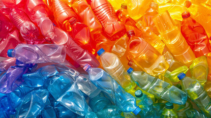 Background texture of diverse colorful empty plastic bottles and packs. Abstract sustainability, ecology and recycling concept. multicolored pet preforms for plastic bottles