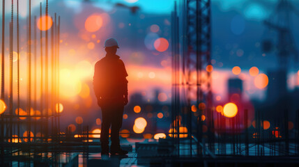 Builder worker silhouette in a work helme standing on a construction site, against a bokeh background. - obrazy, fototapety, plakaty