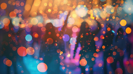 A blurry dancing silhouettes of a crowd of people. Neon lights and bokeh effect background....