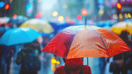 Raindrops and blured crowd of people with umbrellas in the city street. Rain in the  city with bokeh lights. Abstract urban background.