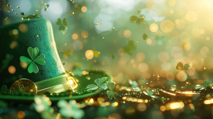 St. Patrick's Day background with green hat, gold coins and clover leaves. Blured bokeh light effect. Copy space. - obrazy, fototapety, plakaty