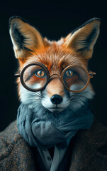 An anthropomorphic red fox with a eyeglasses has an astute and inquiring look - 735962882