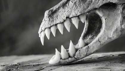 Black and white shot of the skull of a T-Rex dinosaur with a jaw full of sharp teeth