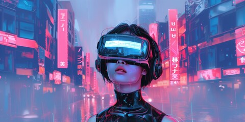 Metaverse technology concept. Woman with VR virtual reality goggles. Futuristic lifestyle. 