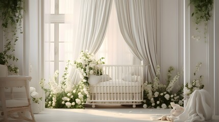 A charming and serene nursery features a white baby crib adorned with delicate hanging flowers and greenery, creating a whimsical atmosphere..

