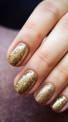 Beautiful glossy manicure with golden sparkles, golden color light brown vertical photo