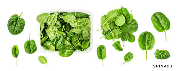 Fresh spinach leaves set top view isolated. Flat lay, top view. Vitamin C. PNG with transparent...