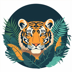 Flat illustration of a logo with an image of a tiger against a backdrop of tropical leaves 