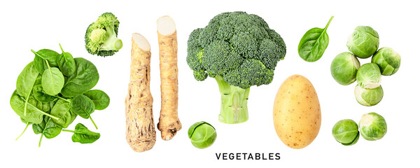 Potato spinach broccoli brussel sprouts horseradish isolated. Flat lay, top view. PNG with...