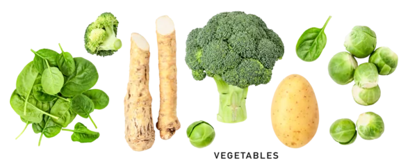 Gartenposter Potato spinach broccoli brussel sprouts horseradish isolated. Flat lay, top view. PNG with transparent background. Without shadow © ifiStudio