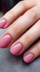 Beautiful glossy pink manicure, vertical photo, horizontal photo