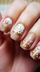 Beautiful shiny brown, nude, white glossy manicure with design, vertical photo