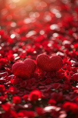 On a floor covered with tiny red roses,  3D pairs of red hearts, one big and one small. Rely on the heart together, sunny, romantic, and with rich details.