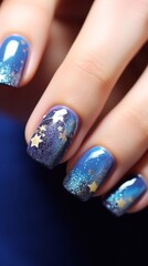 Сosmic beautiful manicure with glued stars on it with sparkles, shiny