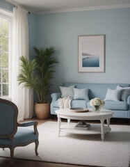 Modern interior with sofa, furniture, wooden coffee tables, tropical plants and elegant personal accessories in a stylish home decor. A bright living room.