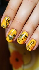 Beautiful glossy yellow spring autumn manicure with design, leaves and pumpkin on it, vertical photo