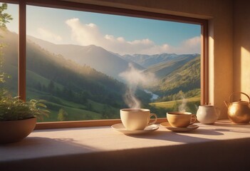 A table with a coffee mug. Sunlight. Beautiful view of the mountains on a sunny day through the...