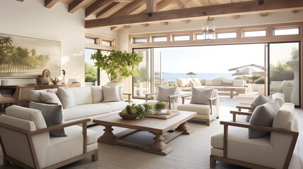 beautiful small space casual living family room soft neutral wood beams and a gorgeous grouping of swivel color fabric chairs around a striking coffee table coastal design nature freshness home - obrazy, fototapety, plakaty