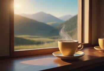 A table with a coffee mug. Sunlight. Beautiful view of the mountains on a sunny day through the...