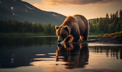 brown bear drinking from a lake and its mirroring reflection on the water - obrazy, fototapety, plakaty