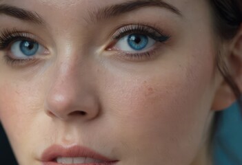 Close-up macro portrait of a female face. A woman with open blue eyes and daytime cosmetic makeup. A girl with perfect skin and freckles.