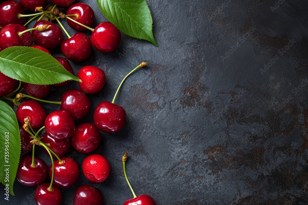 Wall mural variety of cherries on background. sweet cherries. top view, creative flat layout. frame of differen - Wall murals