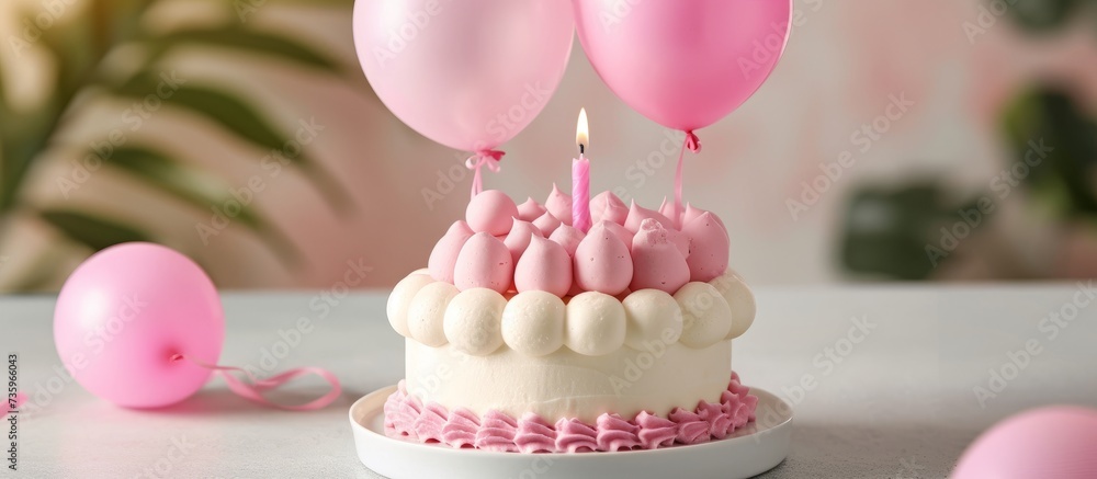 Sticker Delicious celebration cake with pink frosting and colorful balloons for party