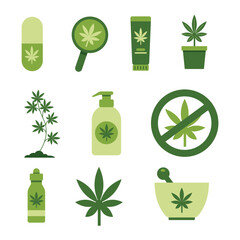 A set of flat design icons representing cannabis products and prohibition sign.