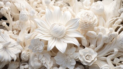Intricate White Floral Sculpture Detail on Neutral Background