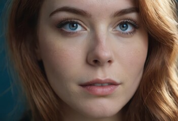 Close-up macro portrait of a female face. A woman with open blue eyes and daytime cosmetic makeup....