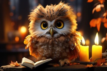 Animated owl with large eyes reading a book by candlelight with autumn leaves.