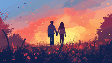 The couple holds hands in the fields of the suburbs. - obrazy, fototapety, plakaty