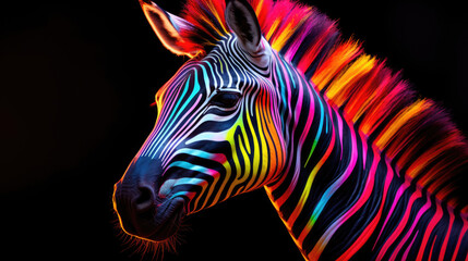 Multi-colored rainbow neon zebra on a black background. Modern design.