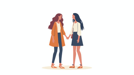 Two female friends talking and holding hands.
