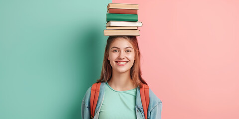 Cheerful young girl wearing a backpack on pastel background. Young female student holding books. First day of school concept.